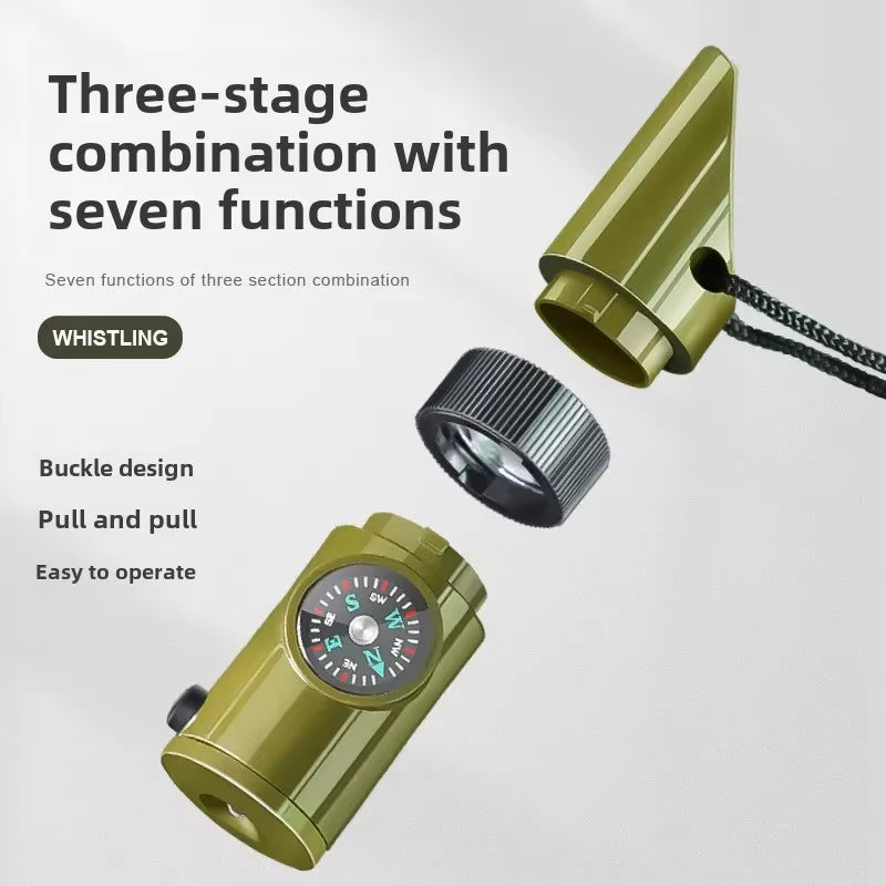 Multifunctional Outdoor Survival Whistle Portable Emergency Compass Magnifying Glass Flashlight Thermometer