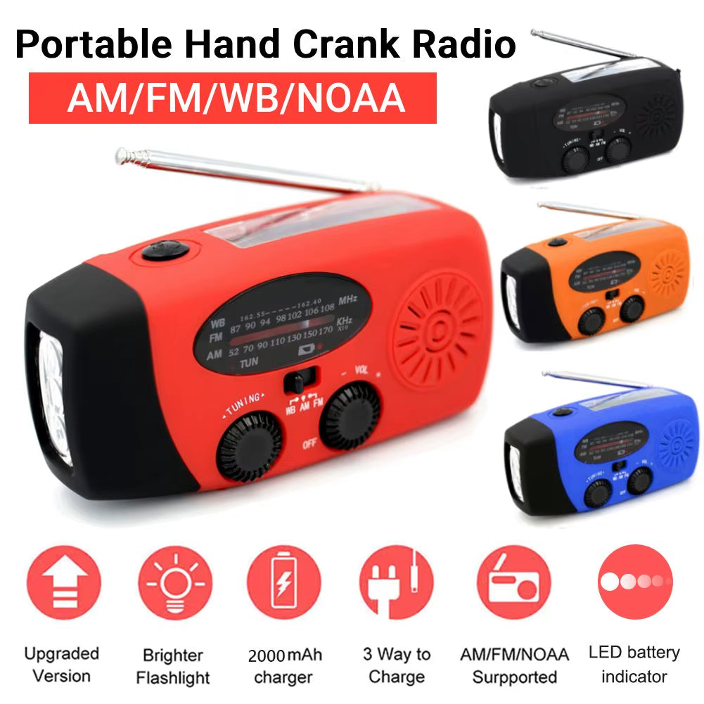 2000Mah Portable Radio Hand Crank Solar USB Charging Hand Radio Solar Crank AM/FM/NOAA Weather Radio Emergency Flashlight