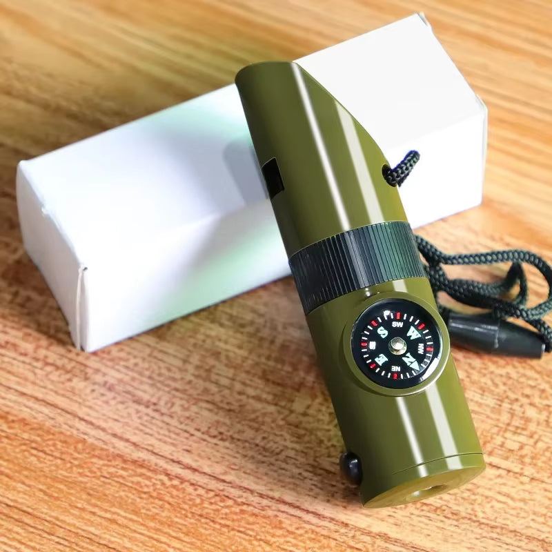 Multifunctional Outdoor Survival Whistle Portable Emergency Compass Magnifying Glass Flashlight Thermometer