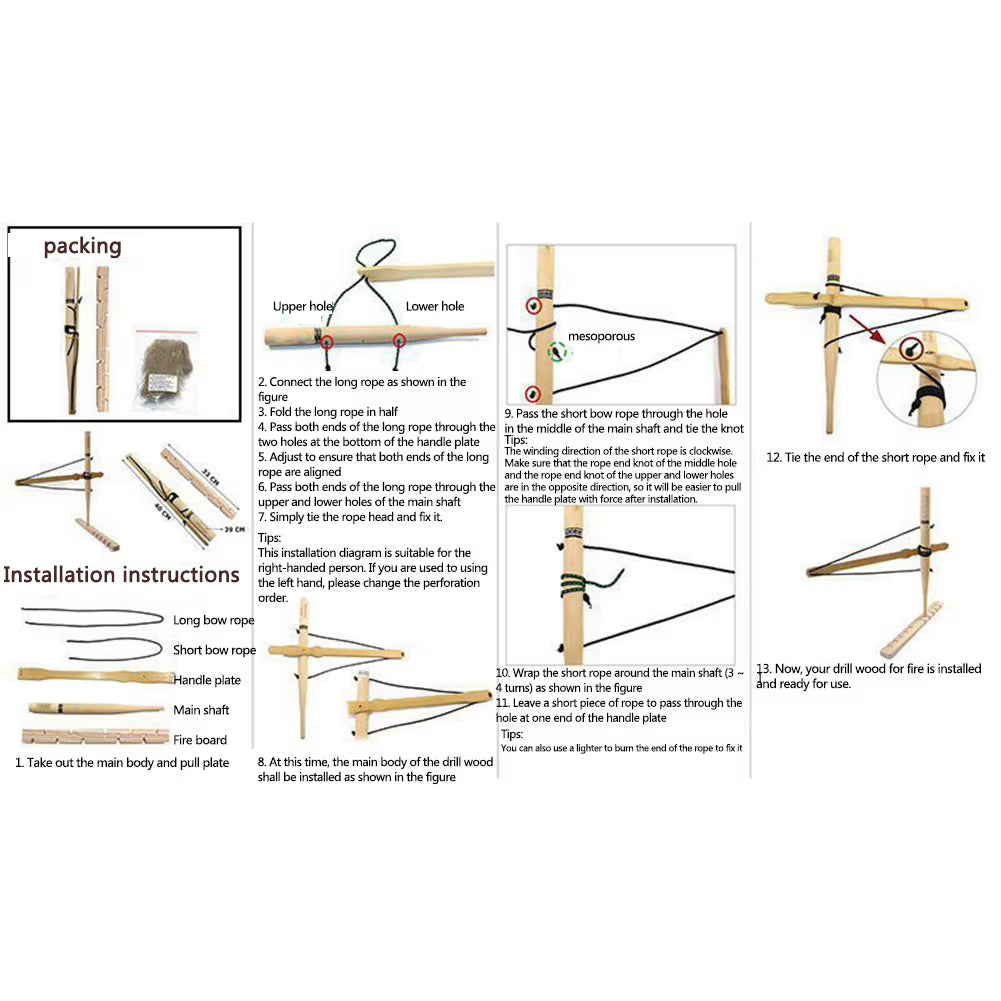 Bow Drill Fire Starter Kit Outdoor Survival Practice Tool Camping Lighter Fire Starter for Survival Training Teaching