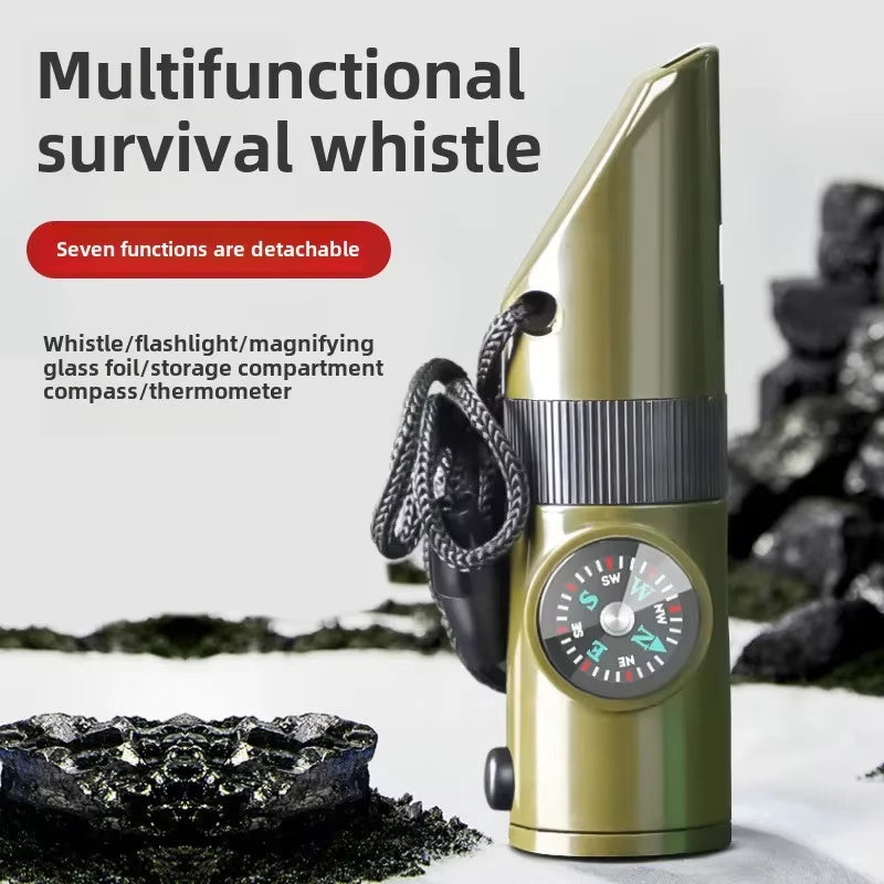 Multifunctional Outdoor Survival Whistle Portable Emergency Compass Magnifying Glass Flashlight Thermometer