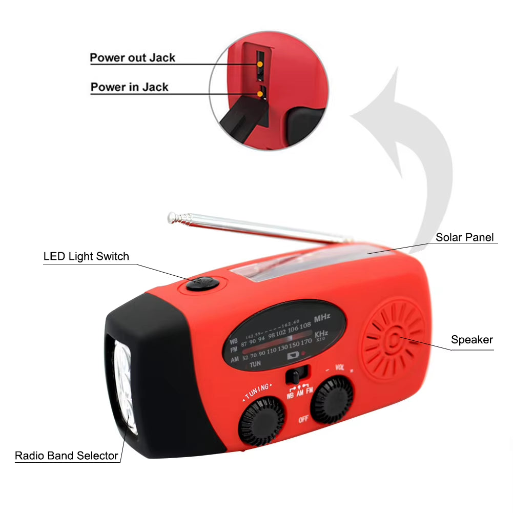 2000Mah Portable Radio Hand Crank Solar USB Charging Hand Radio Solar Crank AM/FM/NOAA Weather Radio Emergency Flashlight