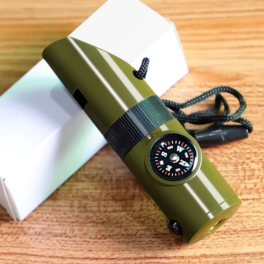 Multifunctional Outdoor Survival Whistle Portable Emergency Compass Magnifying Glass Flashlight Thermometer