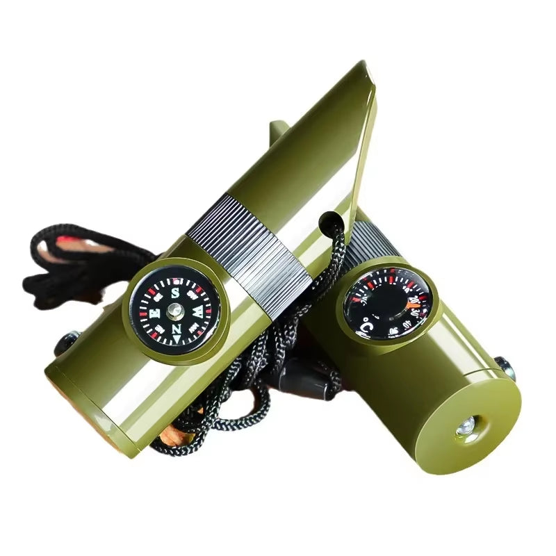 Multifunctional Outdoor Survival Whistle Portable Emergency Compass Magnifying Glass Flashlight Thermometer