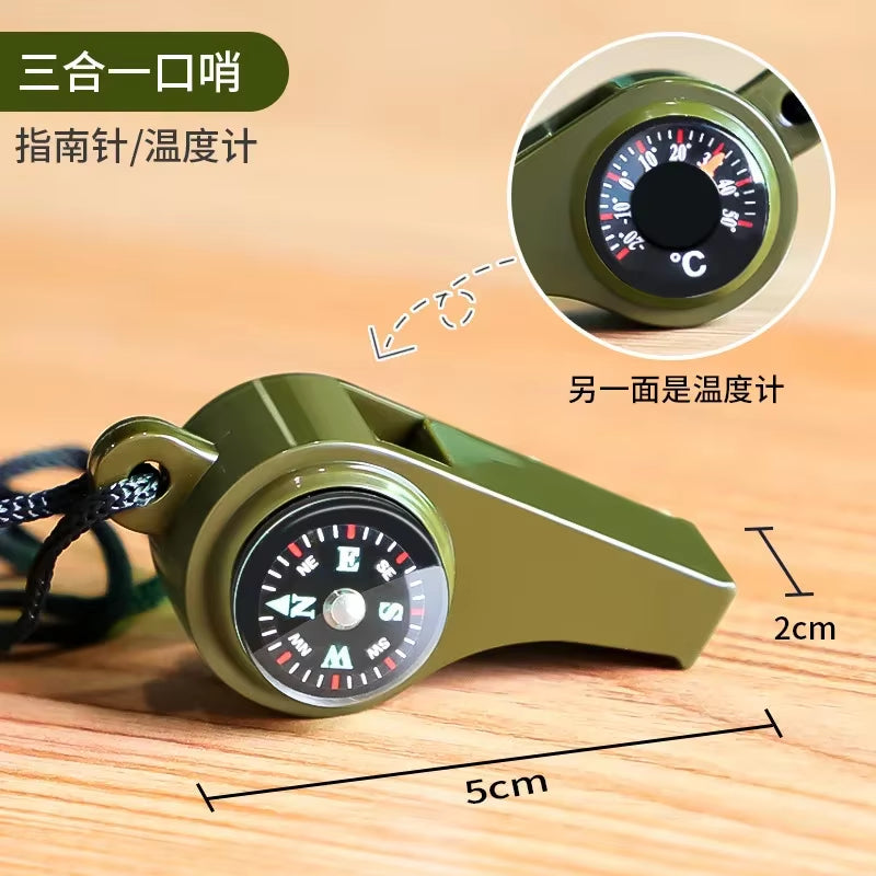 Multifunctional Outdoor Survival Whistle Portable Emergency Compass Magnifying Glass Flashlight Thermometer