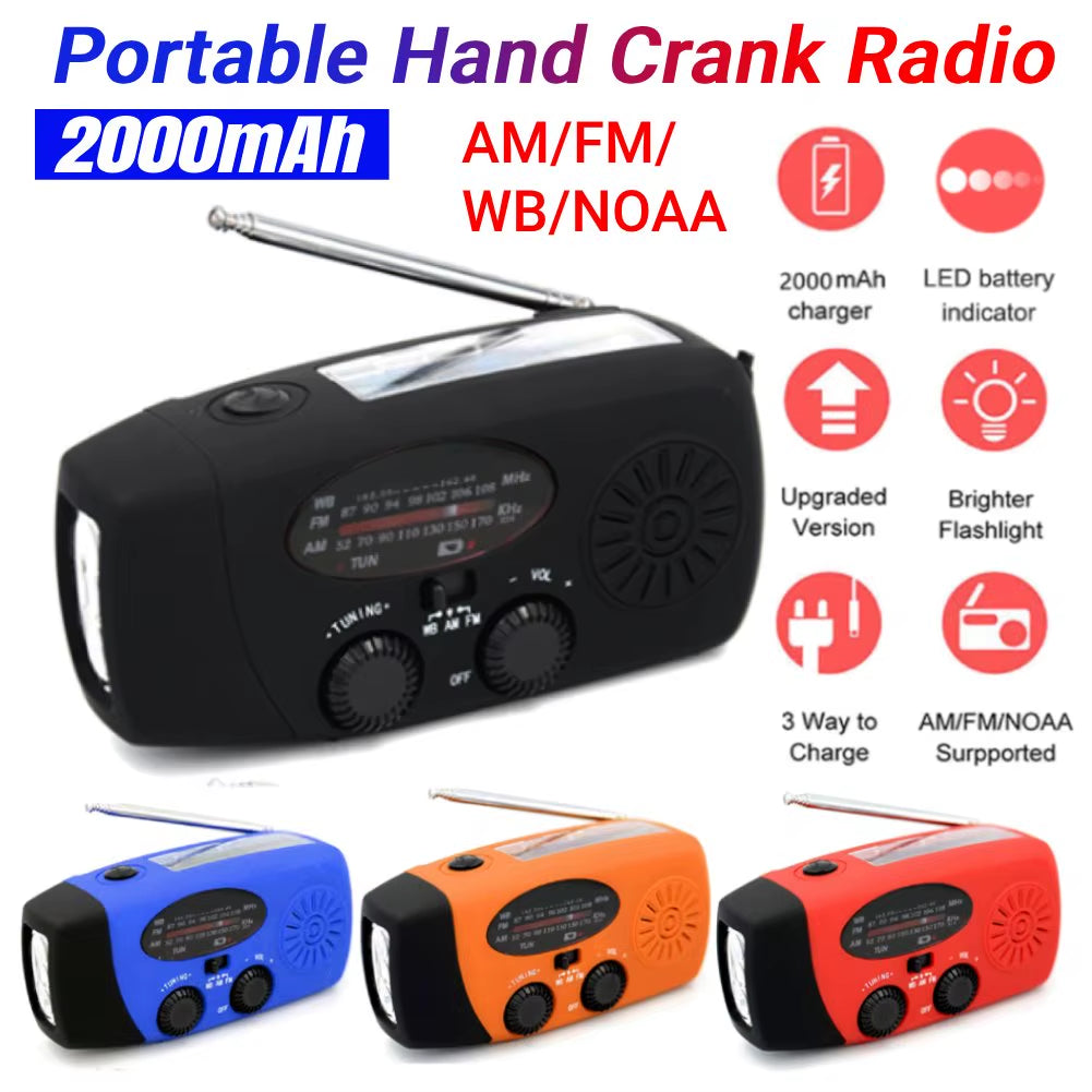 2000Mah Portable Radio Hand Crank Solar USB Charging Hand Radio Solar Crank AM/FM/NOAA Weather Radio Emergency Flashlight