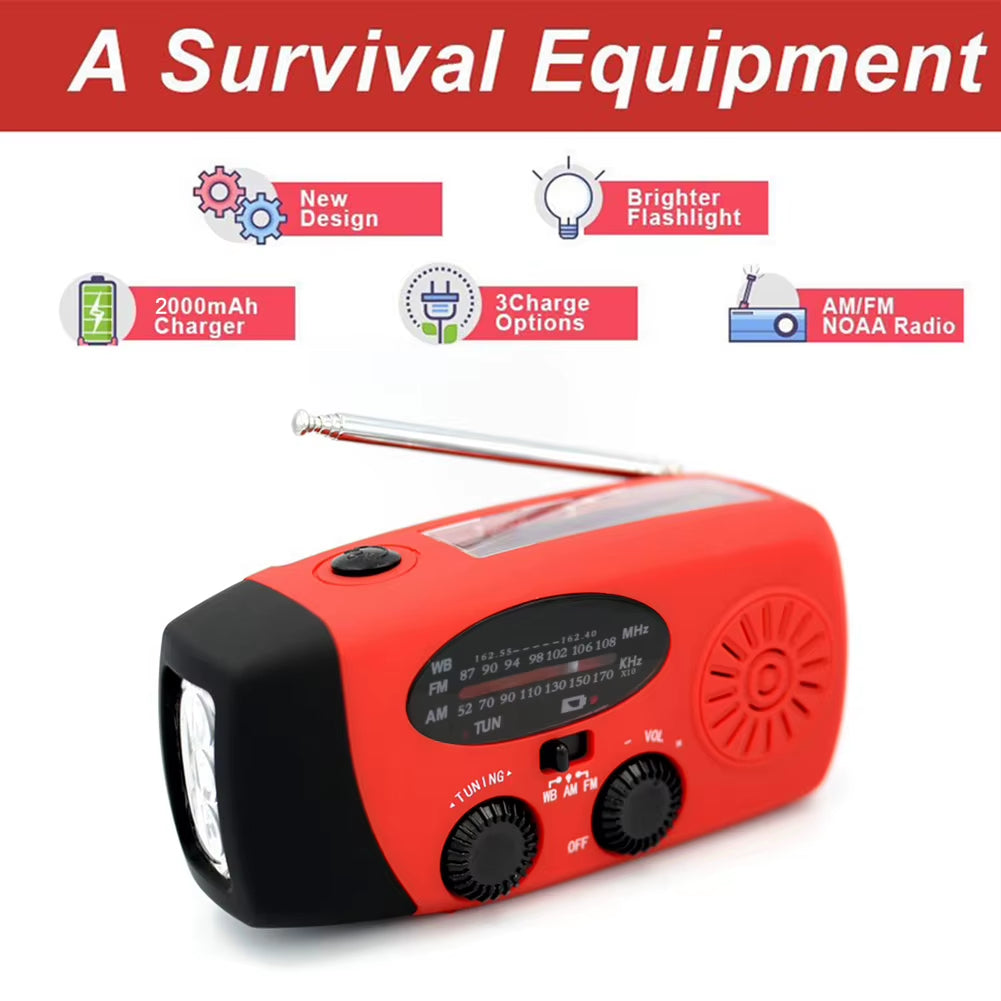 2000Mah Portable Radio Hand Crank Solar USB Charging Hand Radio Solar Crank AM/FM/NOAA Weather Radio Emergency Flashlight