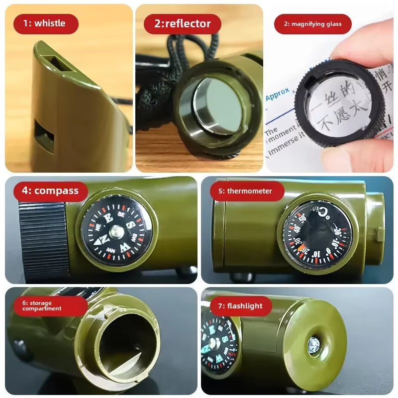 Multifunctional Outdoor Survival Whistle Portable Emergency Compass Magnifying Glass Flashlight Thermometer